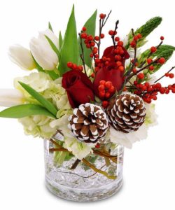 white and red flowers with pine cones and holly in small vase