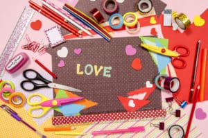 Colorful arts and craft supplies with love